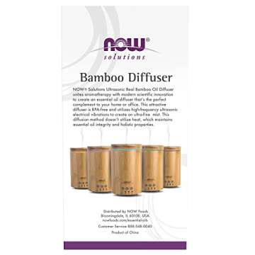 NOW Essential Oils, Ultrasonic Real Bamboo Aromatherapy Oil Diffuser, Extremely Quiet, Heat Free and Easy to Clean, Color Changing LED Diffuser