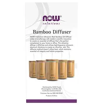 NOW Essential Oils, Ultrasonic Real Bamboo Aromatherapy Oil Diffuser, Extremely Quiet, Heat Free and Easy to Clean, Color Changing LED Diffuser