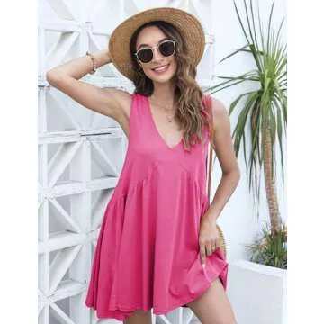 Athlisan Womens Summer Sleeveless Mini Dress Casual Loose V Neck Sundress with Pockets(Rosered-XL)