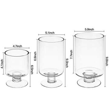 Set of 3 Clear Glass Votive Stemmed Hurricane Candle Holder Set Round Vases - Fit for 4"-7" Height Pillar Candle, Ideal for Table Centerpieces Decoration (Not Included Candles)