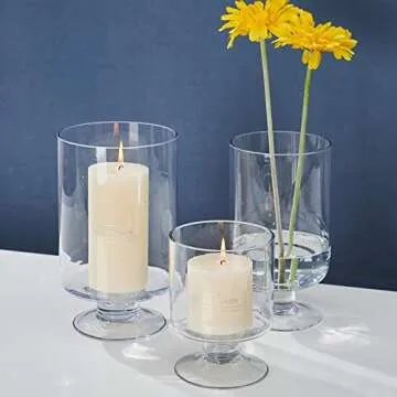 Set of 3 Clear Glass Votive Stemmed Hurricane Candle Holder Set Round Vases - Fit for 4"-7" Height Pillar Candle, Ideal for Table Centerpieces Decoration (Not Included Candles)
