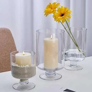 Set of 3 Clear Glass Votive Stemmed Hurricane Candle Holder Set Round Vases - Fit for 4"-7" Height Pillar Candle, Ideal for Table Centerpieces Decoration (Not Included Candles)