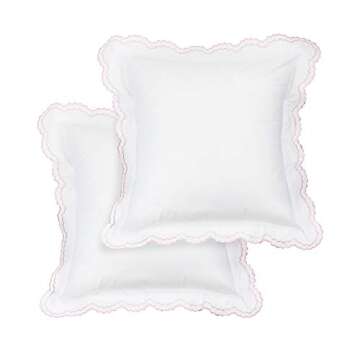 Melange Home Percale Cotton Double Scalloped Embroidered, Euro Sham Cover Pair, Pink on White