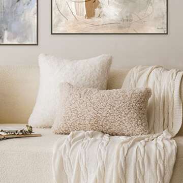 Foindtower Set of 2 Curly Teddy Wool Faux Fur Pillow Covers Decorative Boucle Textured Lumbar Throw Pillow Accent Pillowcases Sheepskin Cushion Case for for Chair and Couch 12"x20" Neutral Cream