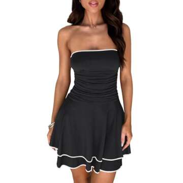 MEROKEETY Women's 2025 Summer Strapless Tube Dress Sexy Off Shoulder Ruffle Tiered Flowy Mini Dresses, Ebony, S