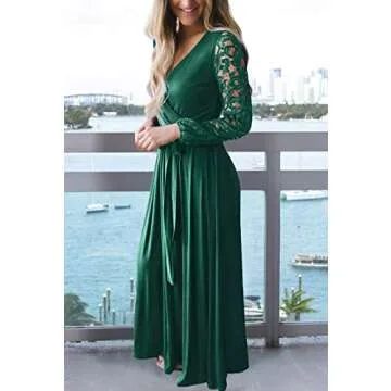 Zattcas Womens Vintage Floral Lace Long Sleeve Faux Wrap V Neck Party Long Maxi Dress Dark Green Medium