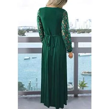 Zattcas Womens Vintage Floral Lace Long Sleeve Faux Wrap V Neck Party Long Maxi Dress Dark Green Medium
