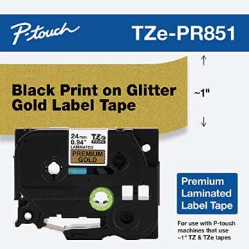 Brother P-touch TZe-PR851 Black Print on Premium Glitter Gold Laminated Tape 24mm (0.94”) wide x 8m (26.2’) long