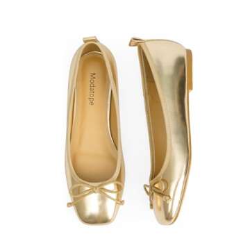 Modatope Womens Flats Comfortable Dressy Gold Ballet Ballerina Bow Bowknot Closed Square Toe Slip on Flats Shoes Size 6