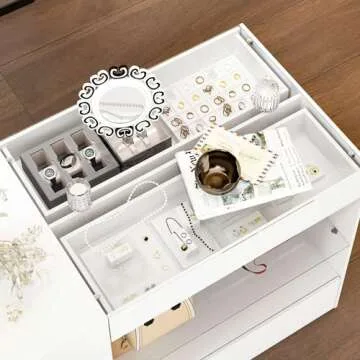 Homsee Wardrobe Armoire Bedroom Island with Glass Top, Glass Display Shelf & 6 Drawers, Wooden Closet Storage Cabinet with Open Shelves for Bedroom, Shops, White