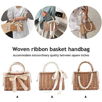 St Bag Lar ity Summer Beh Bag for Women Rattan Shoulr Basket Pue Pearl St Woven Tote Baoo Pue er Bag Vation Travel
