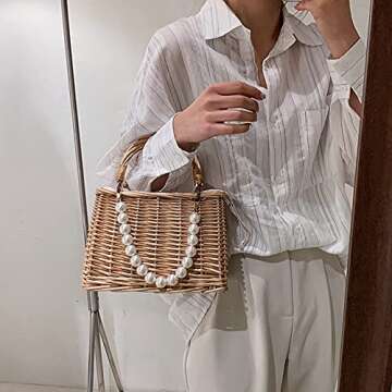 St Bag Lar ity Summer Beh Bag for Women Rattan Shoulr Basket Pue Pearl St Woven Tote Baoo Pue er Bag Vation Travel