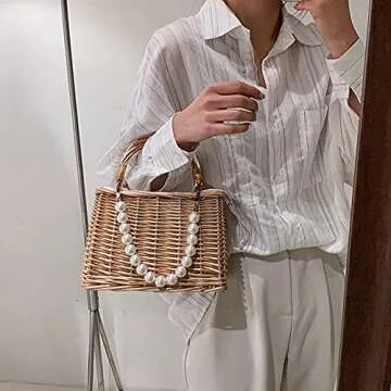 St Bag Lar ity Summer Beh Bag for Women Rattan Shoulr Basket Pue Pearl St Woven Tote Baoo Pue er Bag Vation Travel