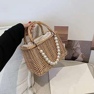 St Bag Lar ity Summer Beh Bag for Women Rattan Shoulr Basket Pue Pearl St Woven Tote Baoo Pue er Bag Vation Travel