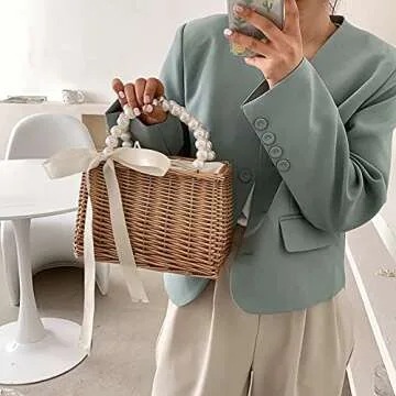 St Bag Lar ity Summer Beh Bag for Women Rattan Shoulr Basket Pue Pearl St Woven Tote Baoo Pue er Bag Vation Travel