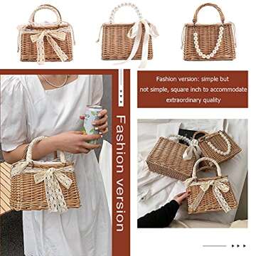 St Bag Lar ity Summer Beh Bag for Women Rattan Shoulr Basket Pue Pearl St Woven Tote Baoo Pue er Bag Vation Travel