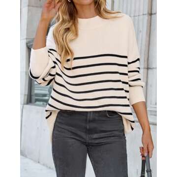 ZESICA Women's Fall Casual Long Sleeve Crew Neck Side Slit Oversized Ribbed Knit Pullover Sweater Tops,ApricotStripe,Medium