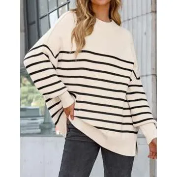 ZESICA Women's Fall Casual Long Sleeve Crew Neck Side Slit Oversized Ribbed Knit Pullover Sweater Tops,ApricotStripe,Medium