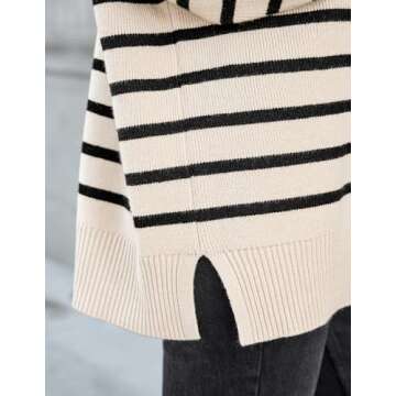 ZESICA Women's Fall Casual Long Sleeve Crew Neck Side Slit Oversized Ribbed Knit Pullover Sweater Tops,ApricotStripe,Medium
