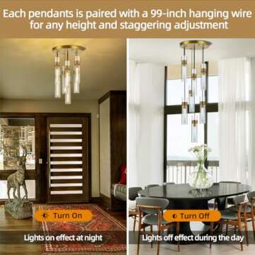 Knurldon Modern Farmhouses 7-Light Glass Pendant Light, Brass Chandelier for Dining Room, Includes Bulbs, ETL Listed