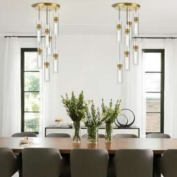 Knurldon Modern Farmhouses 7-Light Glass Pendant Light, Brass Chandelier for Dining Room, Includes Bulbs, ETL Listed