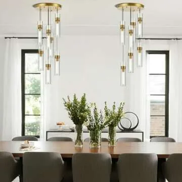 Knurldon Modern Farmhouses 7-Light Glass Pendant Light, Brass Chandelier for Dining Room, Includes Bulbs, ETL Listed