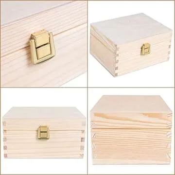 Creative Deco Wooden Storage Box Unpainted Plain | 8.42 x 5.43 x 3.93 in | Golden Latch & Lid | Perfect for Storing Valuables & Small Items in the Office or Bedroom | Jewelry Box