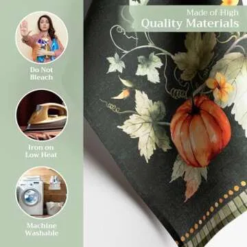 Maison d' Hermine Dishcloth Set of 3, 100% Cotton Kitchen Towel for Gifts, Kitchen, Party, Wedding, Restaurant & Camping, Pumpkin Garden - Dark Green - Thanksgiving/Christmas