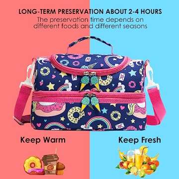 Insulated Kids Dual Compartment Lunch Bags Tote for Girls Boys Toddler Lunch Boxes Pre-School Toddler Kindergarten Picnic Camp Food Cooler Thermal with Strap