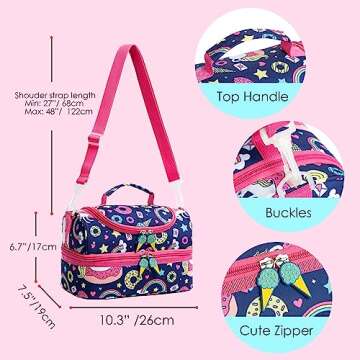 Insulated Kids Dual Compartment Lunch Bags Tote for Girls Boys Toddler Lunch Boxes Pre-School Toddler Kindergarten Picnic Camp Food Cooler Thermal with Strap