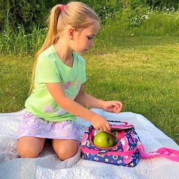 Insulated Kids Dual Compartment Lunch Bags Tote for Girls Boys Toddler Lunch Boxes Pre-School Toddler Kindergarten Picnic Camp Food Cooler Thermal with Strap