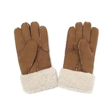 YISEVEN Women's Winter Sheepskin Shearling Leather Gloves Wing Cuffs Driving Warm Thick Fur sherpa Lined Merino Soft Wool Lining Furry for Cold Weather Driving Gifts, Dark Camel Suede L