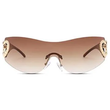 COASION Wrap Around 2000S Rimless Sunglasses for Women Men Oversized Trendy Sun Glasses Visor Shield Shades (Tea/Gradient Brown)