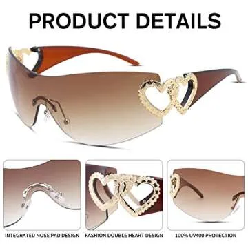 COASION Wrap Around 2000S Rimless Sunglasses for Women Men Oversized Trendy Sun Glasses Visor Shield Shades (Tea/Gradient Brown)
