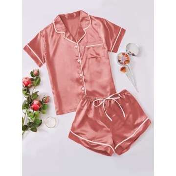 Verdusa Women's 2pc Satin Nightwear Button Front Sleepwear Short Sleeve Pajamas Set Pink S
