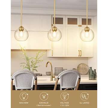 Emak Modern Gold Pendant Light Fixtures, 7 Inch Globe Pendant Lights with Clear Glass, 1 Light Hangi...