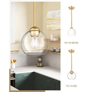 Emak Modern Gold Pendant Light Fixtures, 7 Inch Globe Pendant Lights with Clear Glass, 1 Light Hanging Lights for for Kitchen Island, Bathroom, Dining Room, Bedroom, Hallway, 2 Pack, PL119-GD-2PK