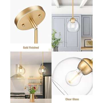 Emak Modern Gold Pendant Light Fixtures, 7 Inch Globe Pendant Lights with Clear Glass, 1 Light Hanging Lights for for Kitchen Island, Bathroom, Dining Room, Bedroom, Hallway, 2 Pack, PL119-GD-2PK