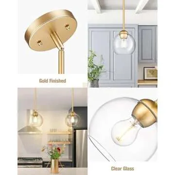 Emak Modern Gold Pendant Light Fixtures, 7 Inch Globe Pendant Lights with Clear Glass, 1 Light Hanging Lights for for Kitchen Island, Bathroom, Dining Room, Bedroom, Hallway, 2 Pack, PL119-GD-2PK