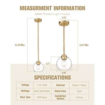 Emak Modern Gold Pendant Light Fixtures, 7 Inch Globe Pendant Lights with Clear Glass, 1 Light Hanging Lights for for Kitchen Island, Bathroom, Dining Room, Bedroom, Hallway, 2 Pack, PL119-GD-2PK