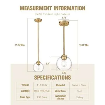 Emak Modern Gold Pendant Light Fixtures, 7 Inch Globe Pendant Lights with Clear Glass, 1 Light Hanging Lights for for Kitchen Island, Bathroom, Dining Room, Bedroom, Hallway, 2 Pack, PL119-GD-2PK