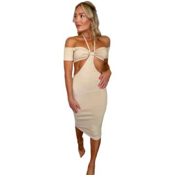 Premier Basics Ella Dress - Halter and Off Shoulder Knit Style Midi Dress Elegant Summer Sexy Women'...