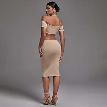 Premier Basics Ella Dress - Halter and Off Shoulder Knit Style Midi Dress Elegant Summer Sexy Women's Midi Bodycon Party Dress (Beige, Large)