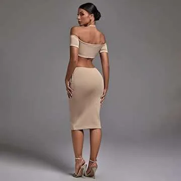 Premier Basics Ella Dress - Halter and Off Shoulder Knit Style Midi Dress Elegant Summer Sexy Women's Midi Bodycon Party Dress (Beige, Large)