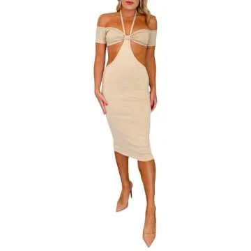 Premier Basics Ella Dress - Halter and Off Shoulder Knit Style Midi Dress Elegant Summer Sexy Women's Midi Bodycon Party Dress (Beige, Large)