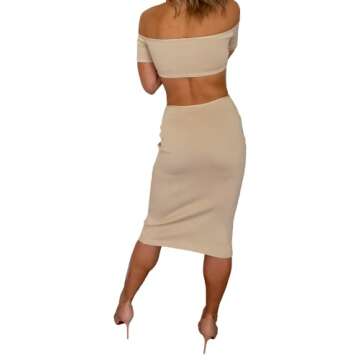 Premier Basics Ella Dress - Halter and Off Shoulder Knit Style Midi Dress Elegant Summer Sexy Women's Midi Bodycon Party Dress (Beige, Large)