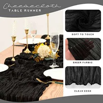 12 Pack Cheesecloth Table Runner 10FT, Boho Gauze Table Runner, Semi-Sheer Table Runners Rustic Wedding Table Decor, Bridal Shower, Birthday Party, Romantic Wedding Runner (Black)