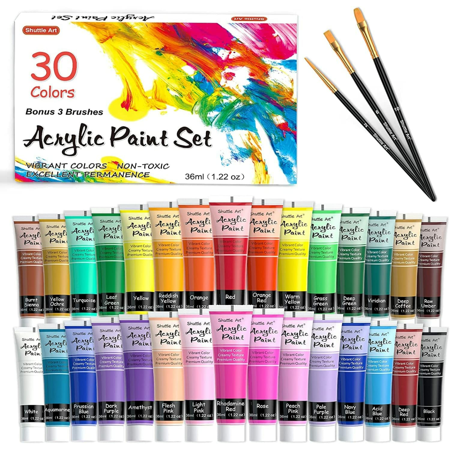 30 Colors Acrylic Paint Set with Brushes - Non-Toxic