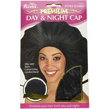 Annie - Ms. Remi Silky Satin Double Cotton - Lined Day and Night Cap - Comfort Elastic Band (Extra Jumbo - Black)