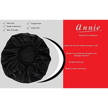 Annie - Ms. Remi Silky Satin Double Cotton - Lined Day and Night Cap - Comfort Elastic Band (Extra Jumbo - Black)